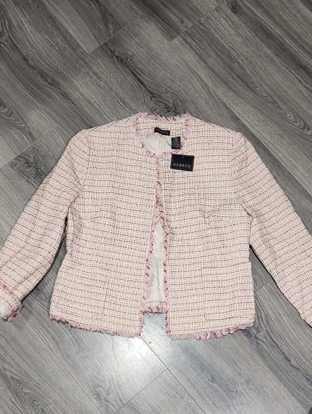 George NWT Soft Pink Tweed Fringed Open Front Blazer Jacket